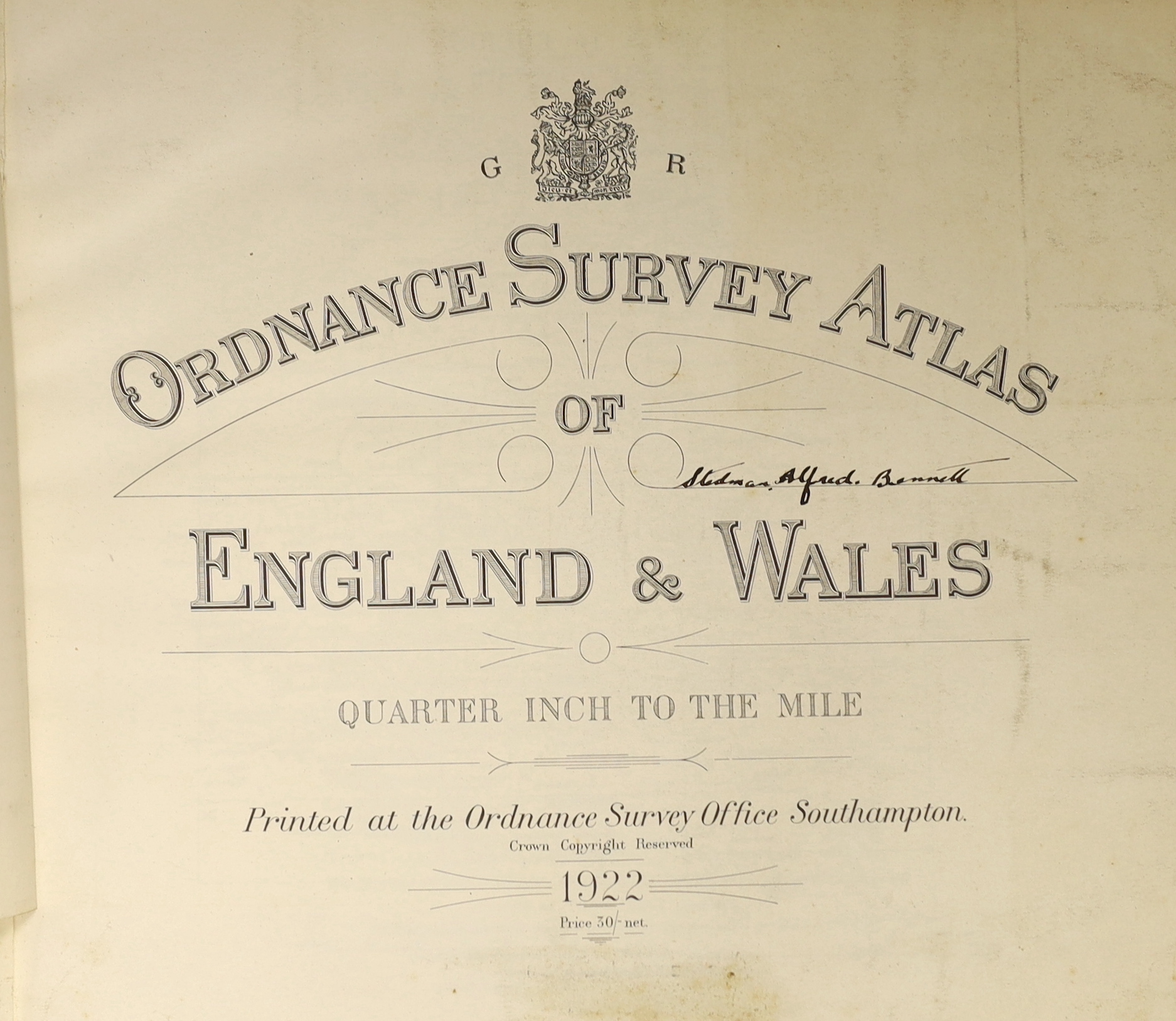 Ordnance Survey Atlas of England and Wales: quarter inch to the mile. engraved title and 24 d-page coloured maps (on linen), errata slip, (2)pp. index map and scales /key, (21)pp. index of places, and extra illustrated w